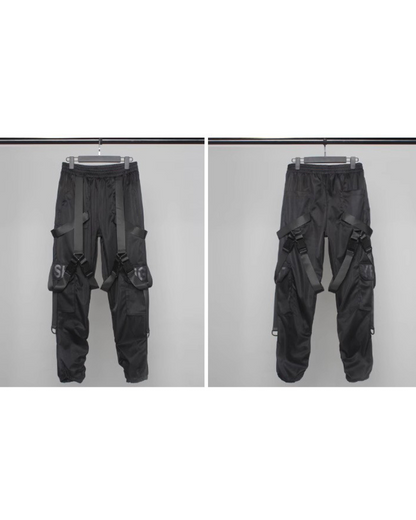 Functional Multi-Ribbon Buckle Black Cargo Pants