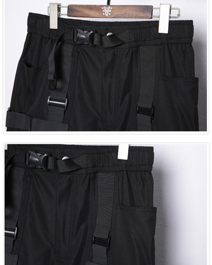 Functional Multi-Ribbon Buckle Black Cargo Pants