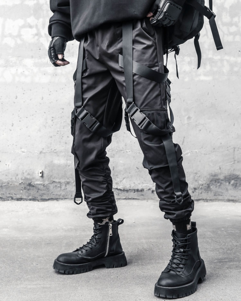 Functional Multi-Ribbon Buckle Black Cargo Pants