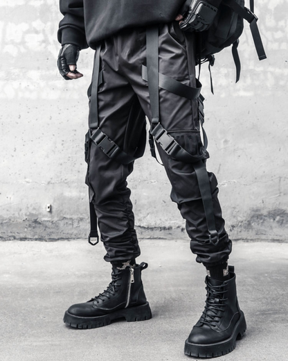 Functional Multi-Ribbon Buckle Black Cargo Pants