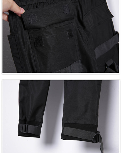 Functional Multi-Ribbon Buckle Black Cargo Pants