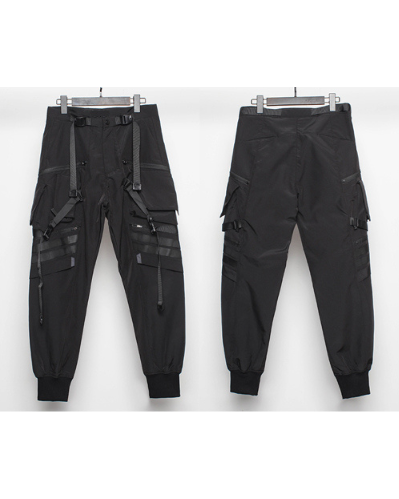 Functional Ribbon Belt Paratrooper Black Cargo Pants