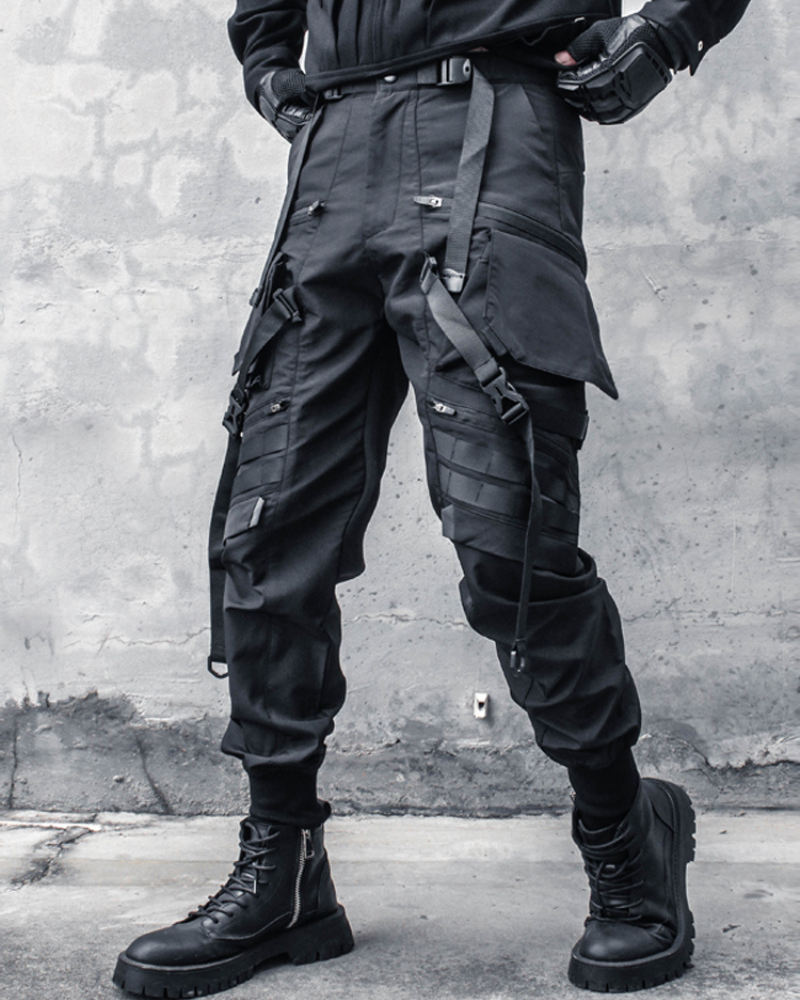 Functional Ribbon Belt Paratrooper Black Cargo Pants