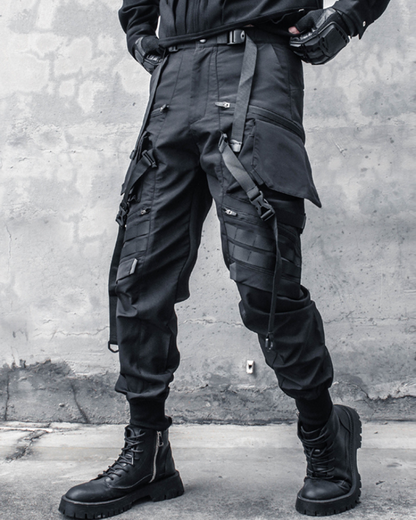 Functional Ribbon Belt Paratrooper Black Cargo Pants