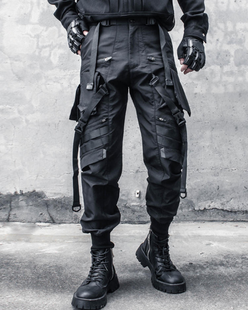 Functional Ribbon Belt Paratrooper Black Cargo Pants