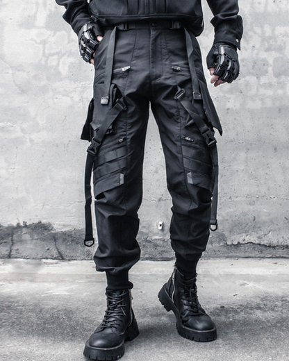 Functional Ribbon Belt Paratrooper Black Cargo Pants