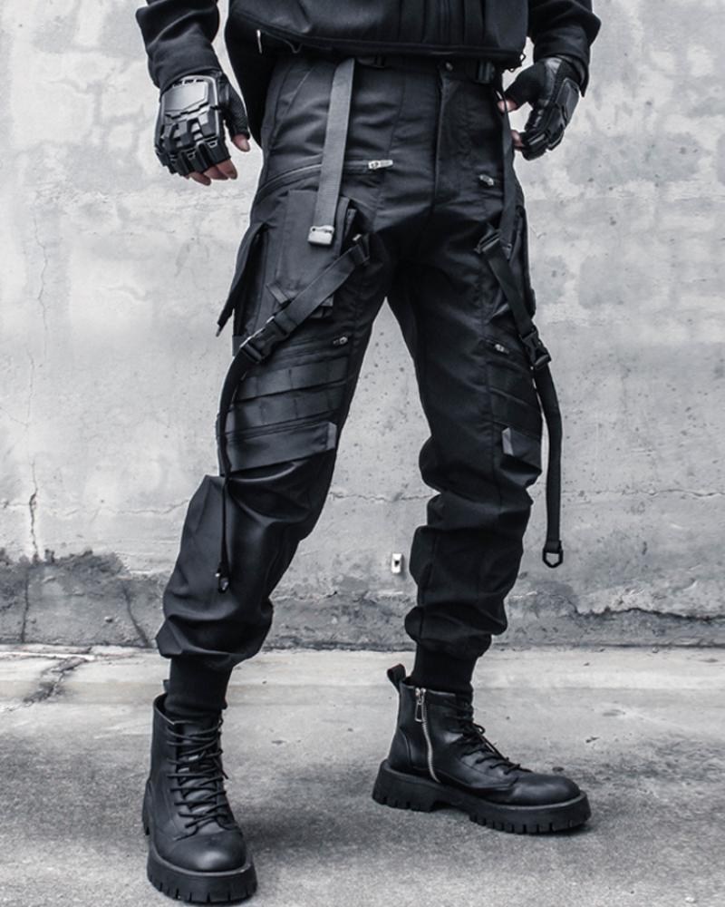 Functional Ribbon Belt Paratrooper Black Cargo Pants