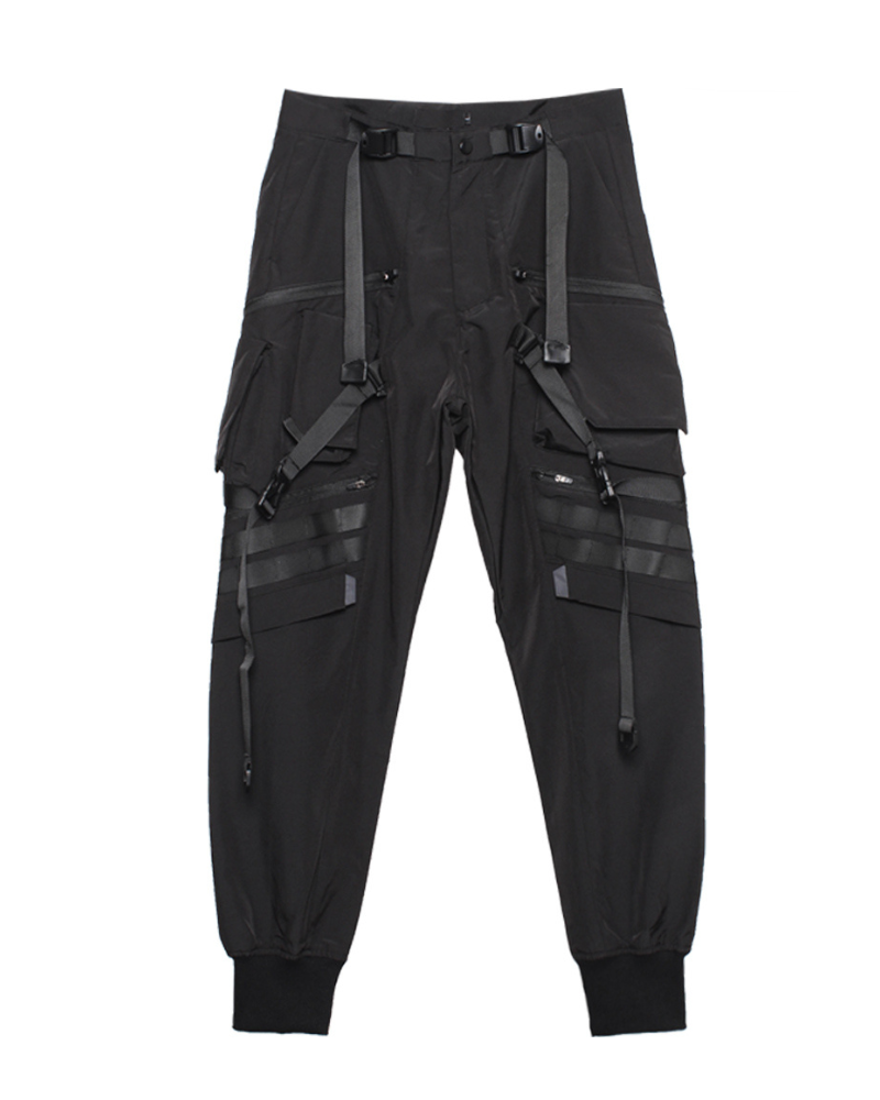 Functional Ribbon Belt Paratrooper Black Cargo Pants