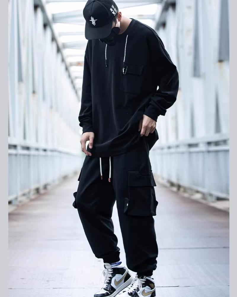 Streetwear Black Loose Large-Pocket Cargo Pants