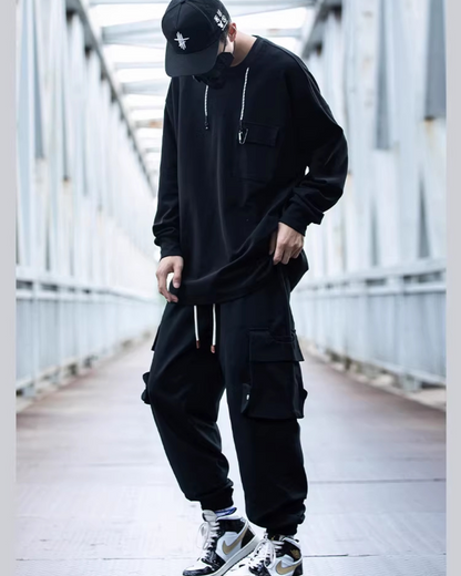 Streetwear Black Loose Large-Pocket Cargo Pants