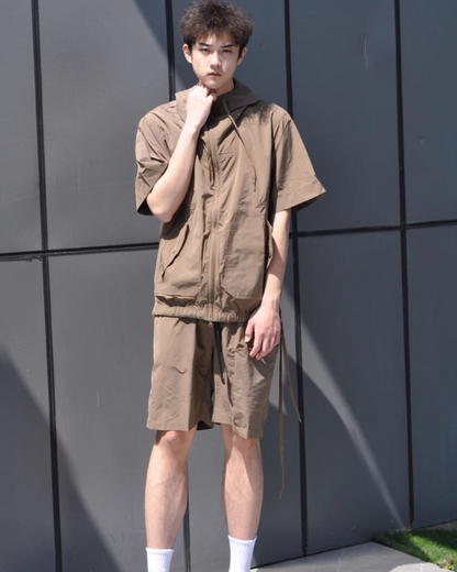 Functional Unisex Cargo Short Sleeve Jacket Shorts Set