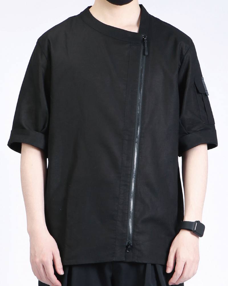 Functional Slanted Zipper Cotton Linen T-Shirt