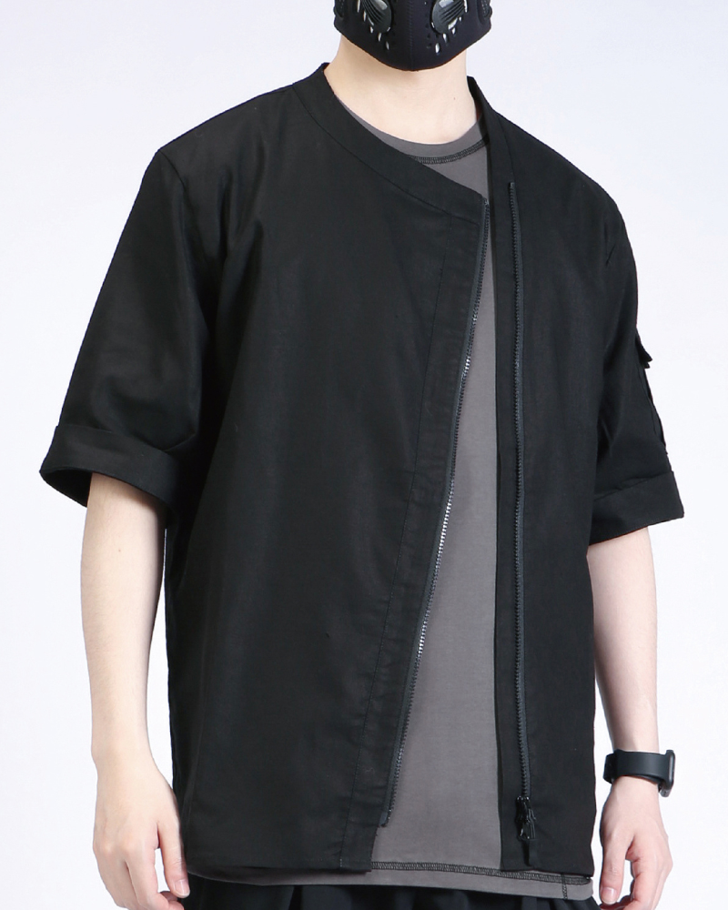 Functional Slanted Zipper Cotton Linen T-Shirt