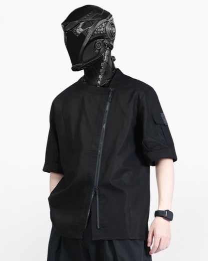 Functional Slanted Zipper Cotton Linen T-Shirt