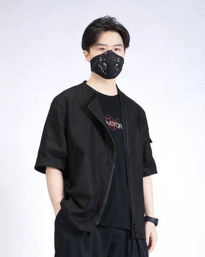 Functional Slanted Zipper Cotton Linen T-Shirt