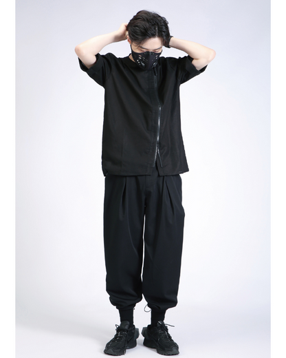 Functional Slanted Zipper Cotton Linen T-Shirt