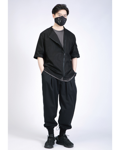 Functional Slanted Zipper Cotton Linen T-Shirt