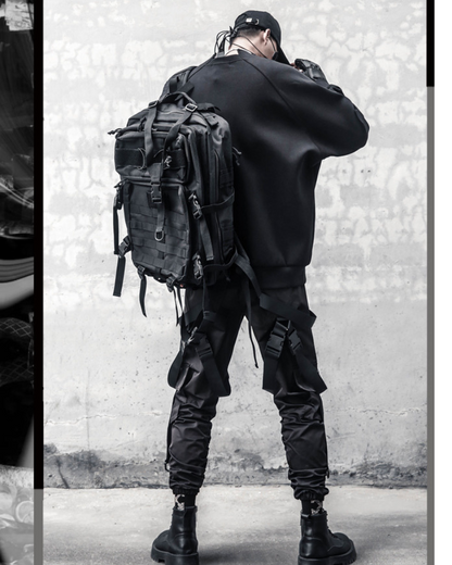 Functional Multi-Ribbon Buckle Black Cargo Pants