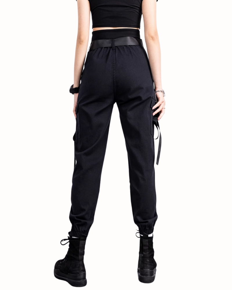 Futuristic Belt Black Women Cargo Pants