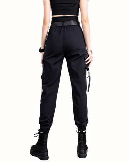 Futuristic Belt Black Women Cargo Pants