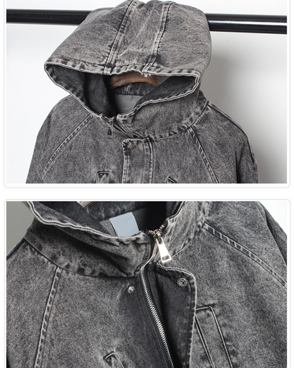 High-Street Washed Denim Hoodie Jacket