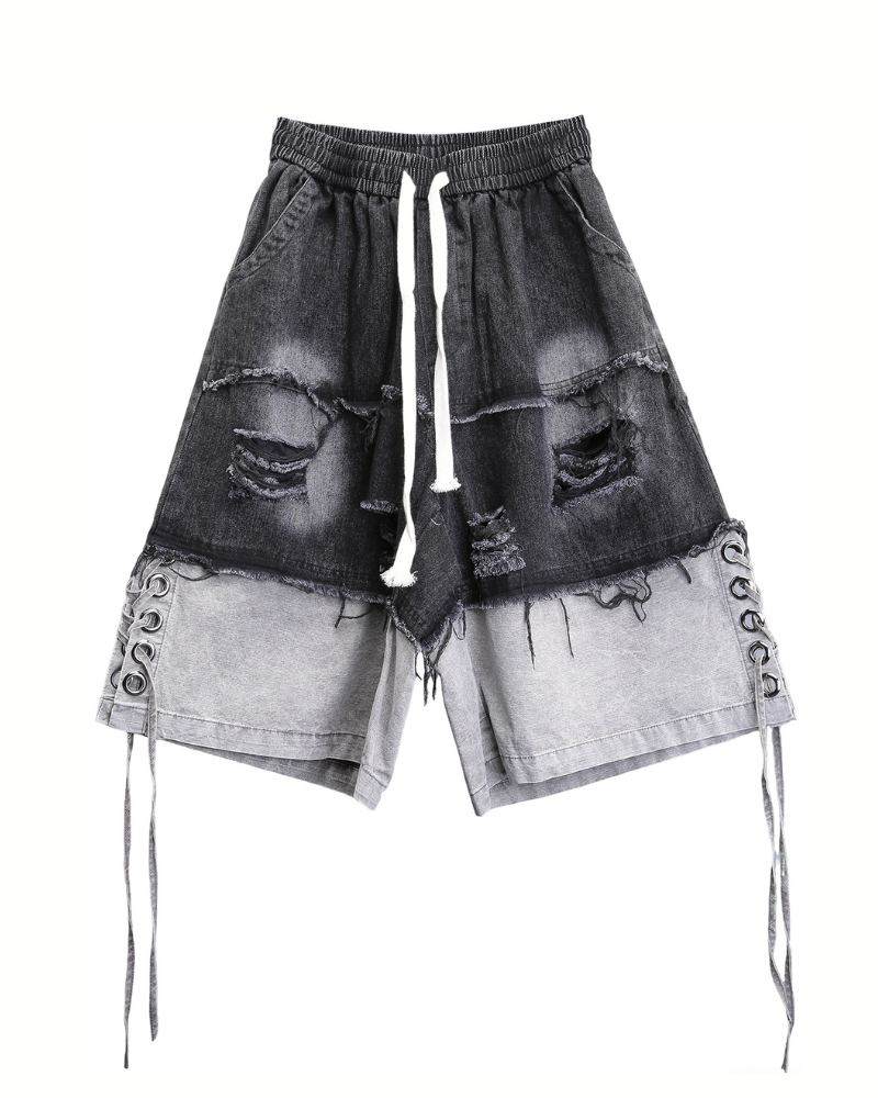 High-Street Wasteland Ripped Hem Washed Denim Shorts