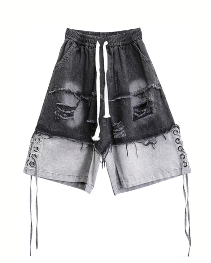 High-Street Wasteland Ripped Hem Washed Denim Shorts