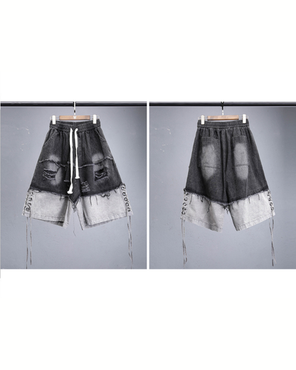 High-Street Wasteland Ripped Hem Washed Denim Shorts