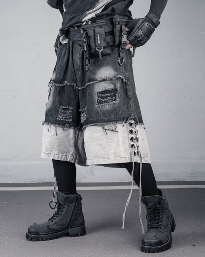 High-Street Wasteland Ripped Hem Washed Denim Shorts