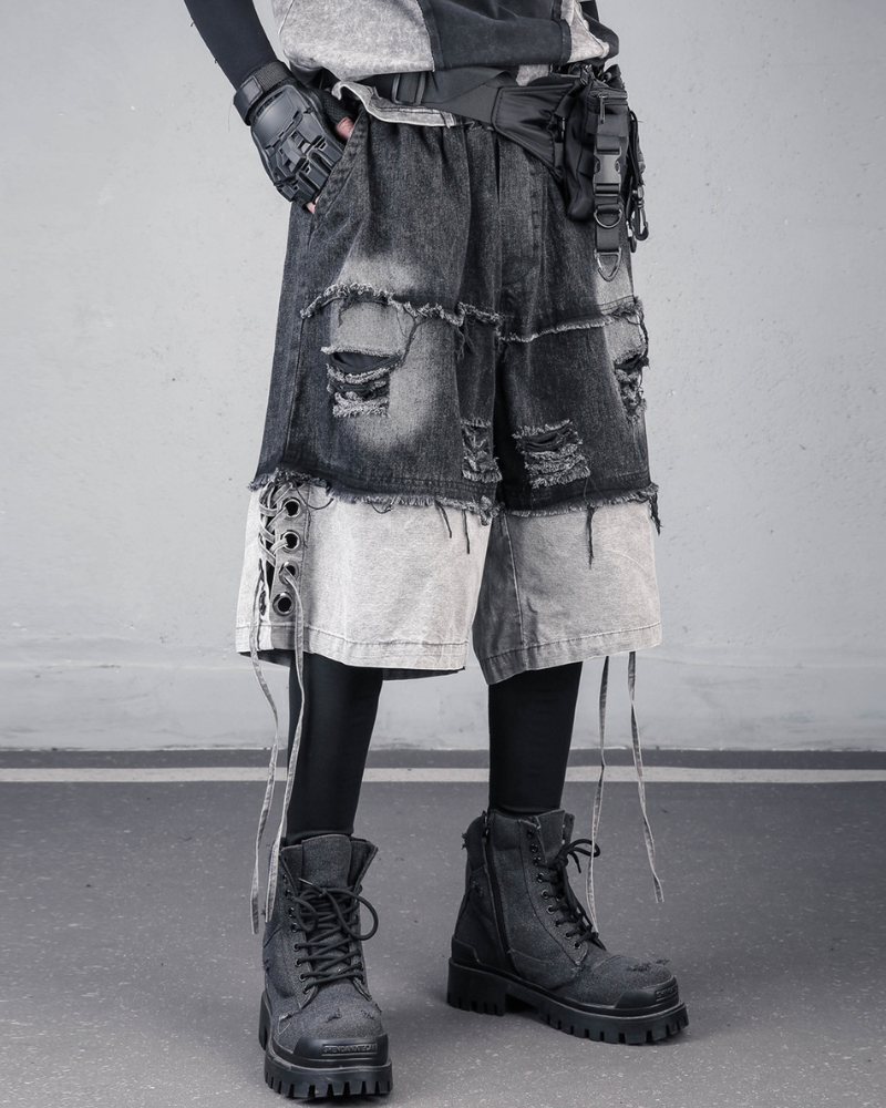 High-Street Wasteland Ripped Hem Washed Denim Shorts