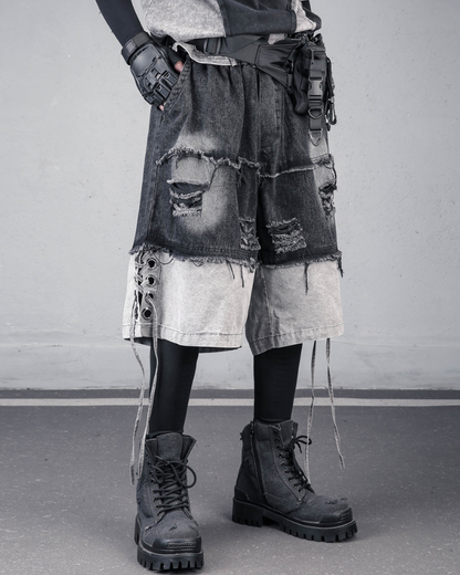 High-Street Wasteland Ripped Hem Washed Denim Shorts