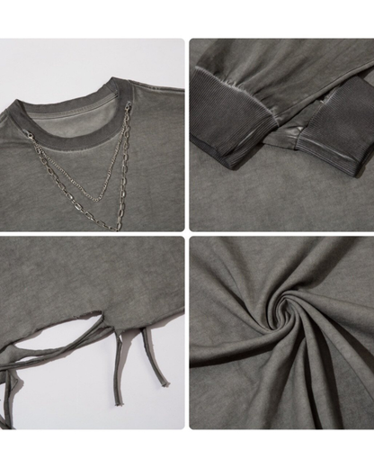 High Street Distressed Raw-Hem Long-Sleeve T-Shirt