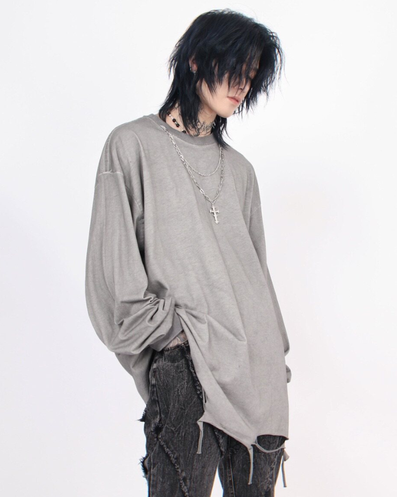 High Street Distressed Raw-Hem Long-Sleeve T-Shirt