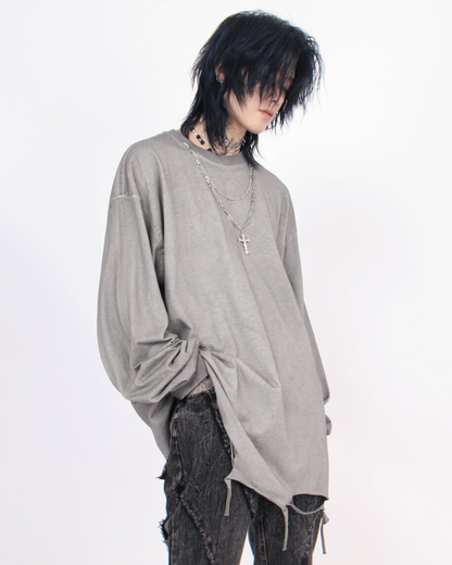 High Street Distressed Raw-Hem Long-Sleeve T-Shirt