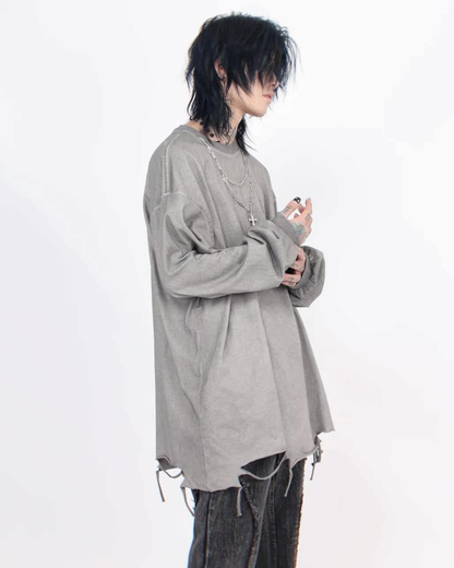 High Street Distressed Raw-Hem Long-Sleeve T-Shirt