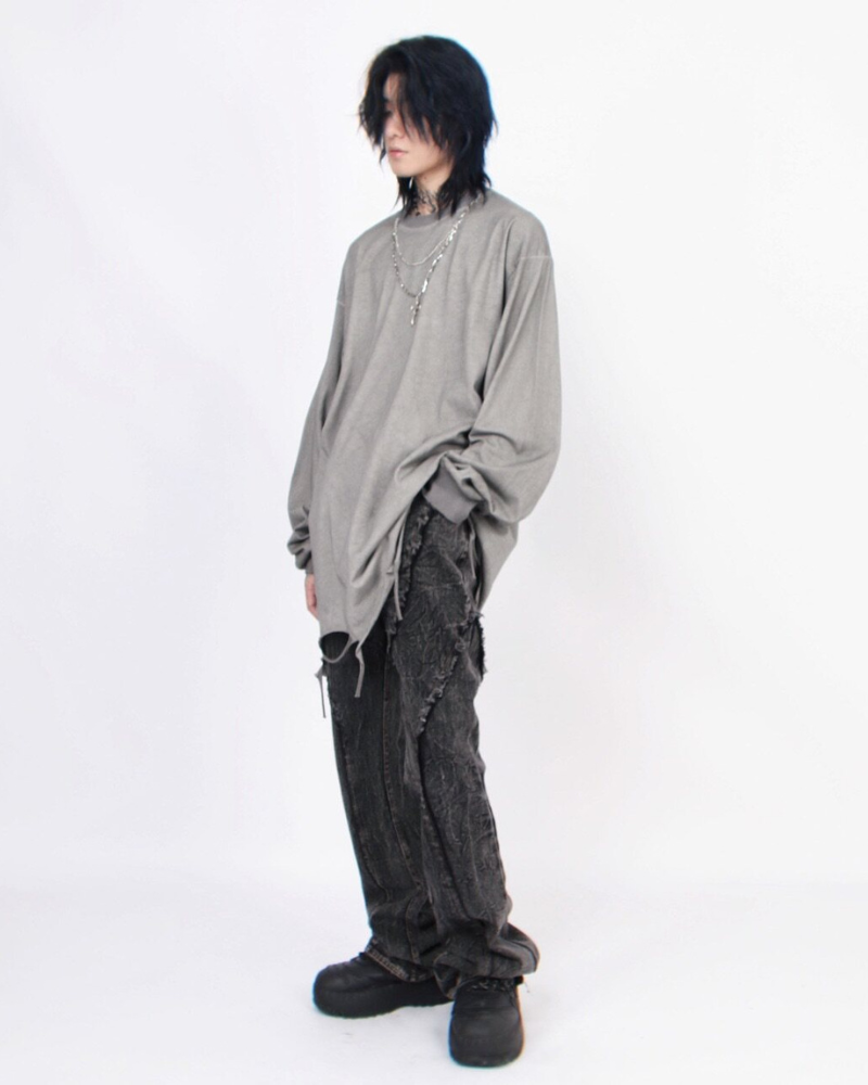 High Street Distressed Raw-Hem Long-Sleeve T-Shirt