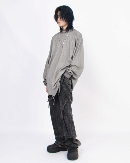 High Street Distressed Raw-Hem Long-Sleeve T-Shirt