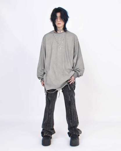 High Street Distressed Raw-Hem Long-Sleeve T-Shirt