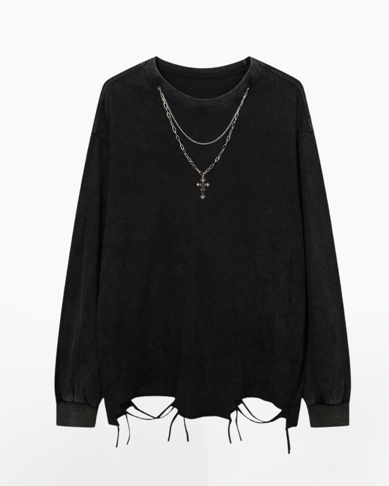 High Street Distressed Raw-Hem Long-Sleeve T-Shirt