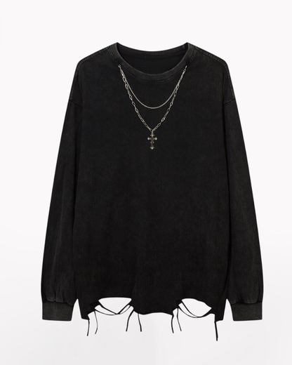 High Street Distressed Raw-Hem Long-Sleeve T-Shirt