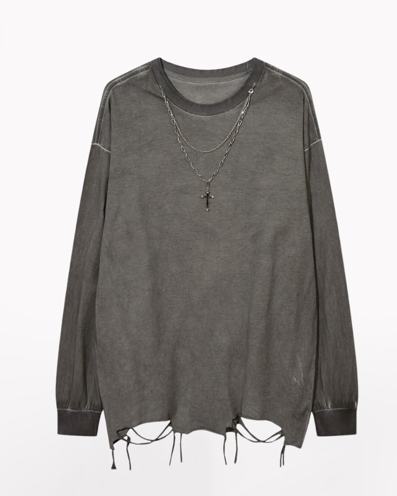 High Street Distressed Raw-Hem Long-Sleeve T-Shirt