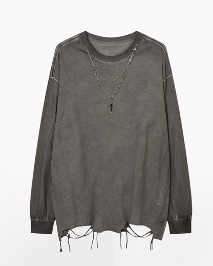 High Street Distressed Raw-Hem Long-Sleeve T-Shirt