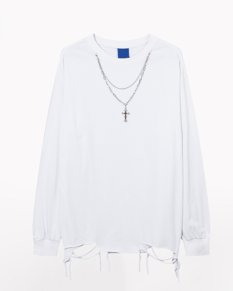 High Street Distressed Raw-Hem Long-Sleeve T-Shirt