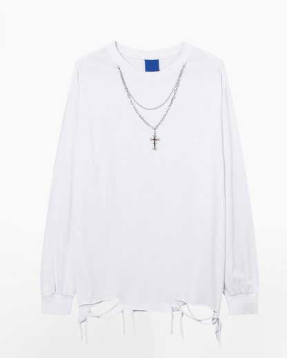 High Street Distressed Raw-Hem Long-Sleeve T-Shirt