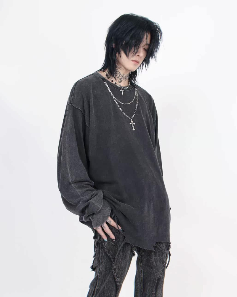 High Street Distressed Raw-Hem Long-Sleeve T-Shirt