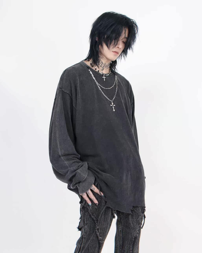 High Street Distressed Raw-Hem Long-Sleeve T-Shirt