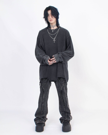 High Street Distressed Raw-Hem Long-Sleeve T-Shirt