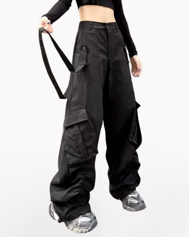 Hip-Hop Women Ribbon Wide-Leg Cargo Pants