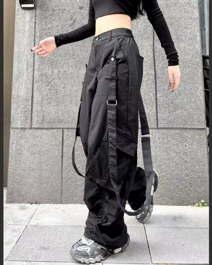 Hip-Hop Women Ribbon Wide-Leg Cargo Pants