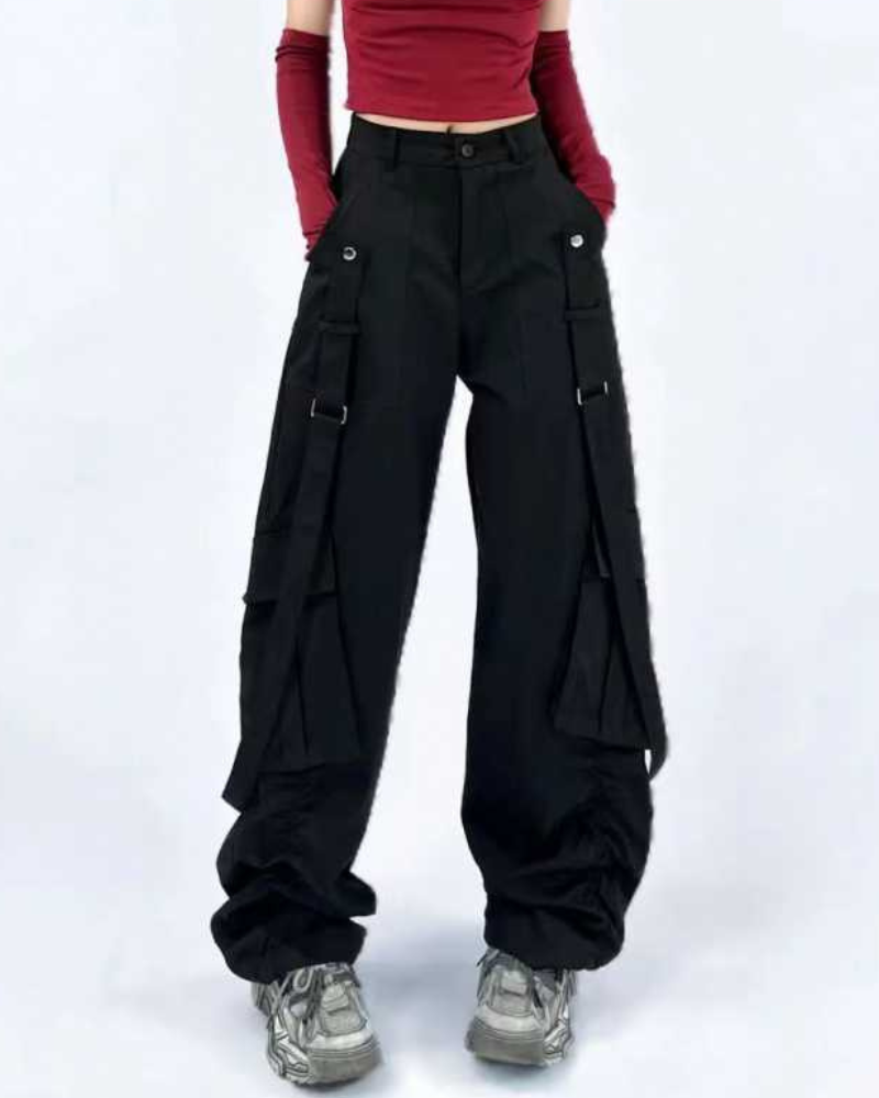 Hip-Hop Women Ribbon Wide-Leg Cargo Pants